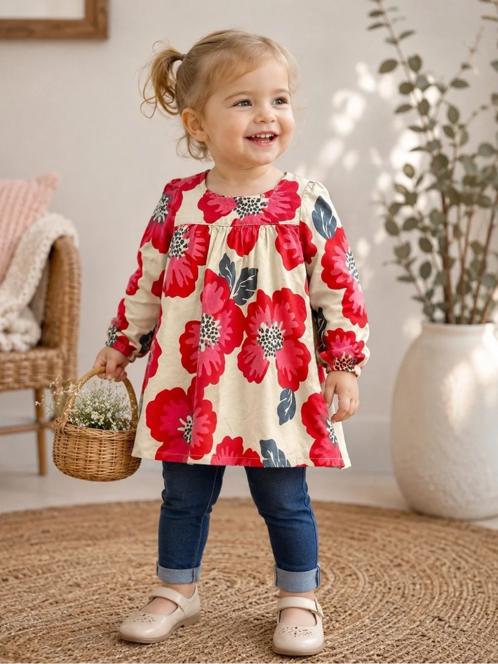 OshKosh B’gosh Girls 18M Floral Cotton Long Sleeve Dress Pink Red